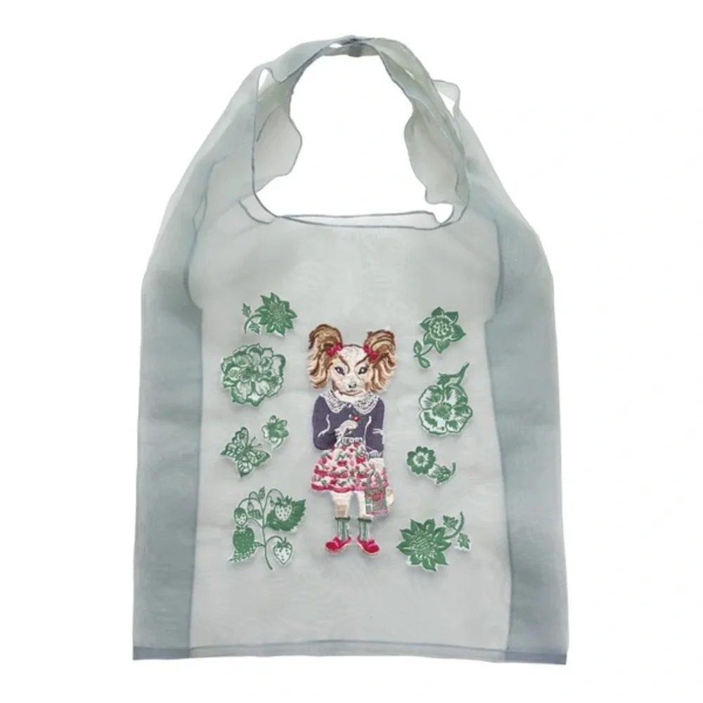 Last*** Nathalie Lete organdy fabric sheer bag! Embroidery grey w/ dog pigtails!